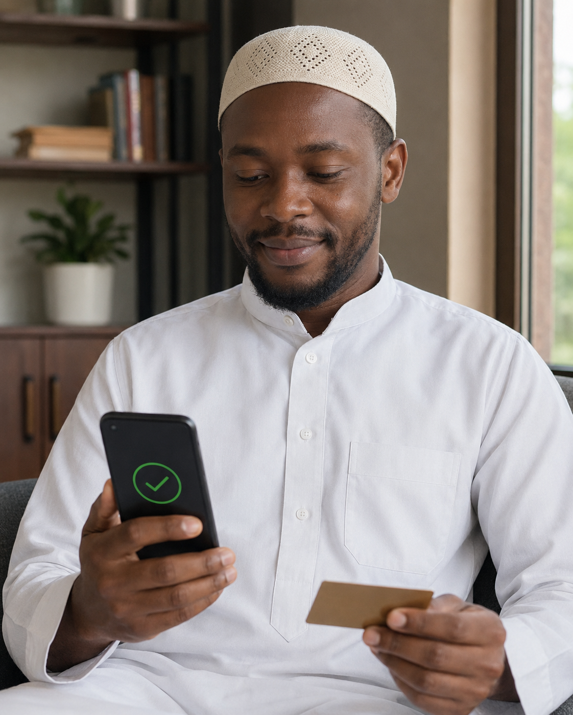 Un homme musulman noir effectuant un paiement sécurisé sur son téléphone